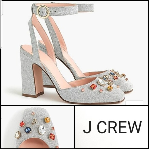 NEW! J CREW Harlow Silver Sparkle Embellished Heels Shoes...